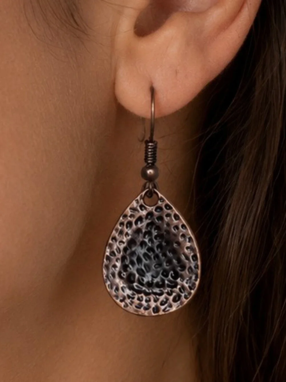 Rustic Copper Tone Hammered Teardrop Pear Dangle Earrings Dainty Fashion Jewelry